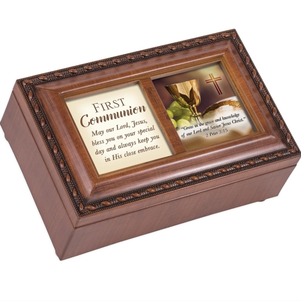 Cottage Garden First Communion Chalice Woodgrain Petite Keepsake Music Box